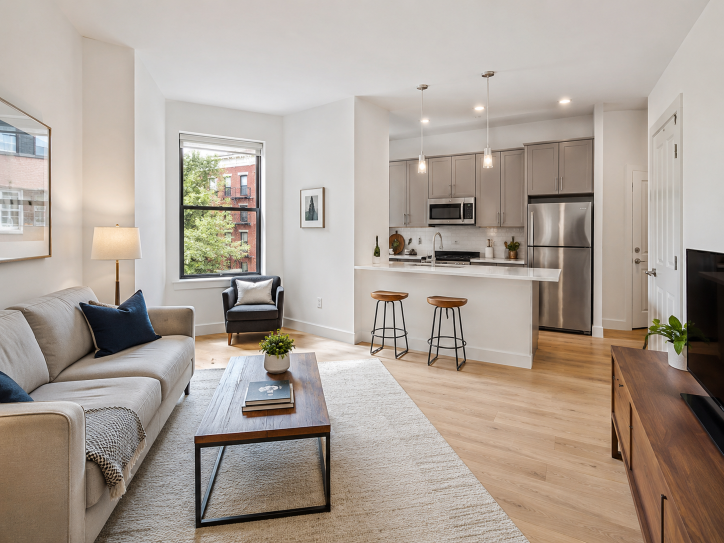 Modern rental living room and kitchen interior near Midtown