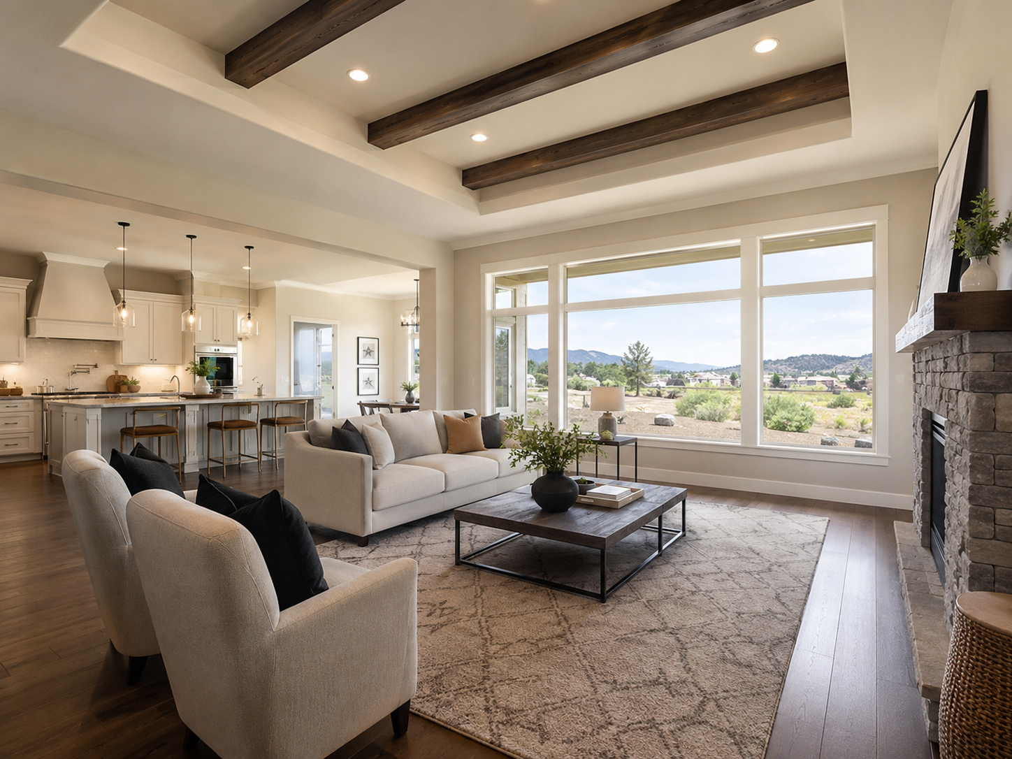 Bright staged living room in a move-in-ready single-family home
